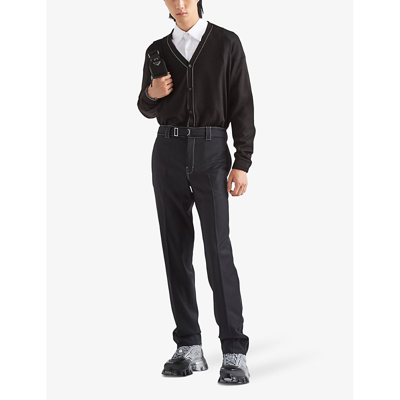 Shop Prada Mens Black Brand-plaque Drawstring-waistband Straight-leg Slim-fit Wool Trousers