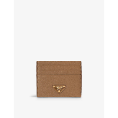 Shop Prada Logo-plaque Saffiano Leather Card Holder In Brown