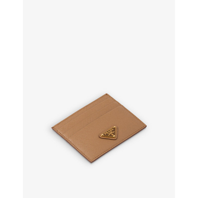Shop Prada Logo-plaque Saffiano Leather Card Holder In Brown