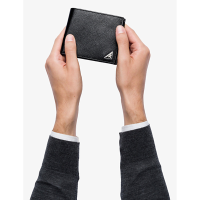 Prada Mens Black Logo-plaque Small Leather Wallet In Black