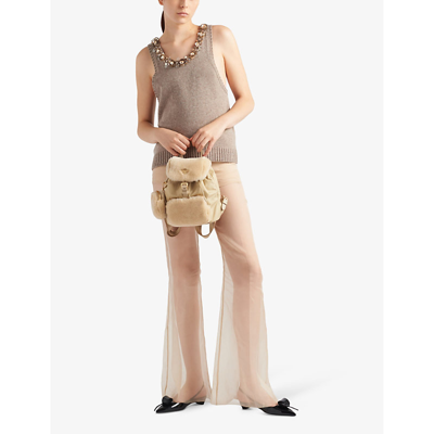 Shop Prada Womens Neutral Re-nylon Recycled-nylon And Shearling Backpack