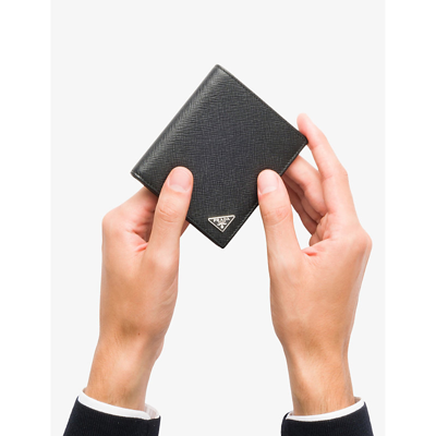 Prada Mens Black Logo-plaque Leather Wallet In Black