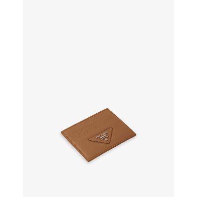 Prada Triangle Logo Leather Card Holder In Brown