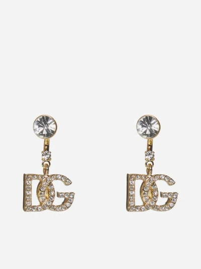 Shop Dolce & Gabbana Dg Logo Rhinestone Earrings In Gold