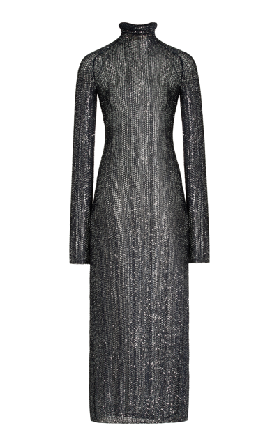Shop Alaïa Sequined-knit High-neck Maxi Dress In Grey