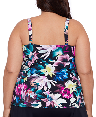 Shop Swim Solutions Plus Size Floral-print Tiered Tankini Top, Created For Macy's In Dark Lotus