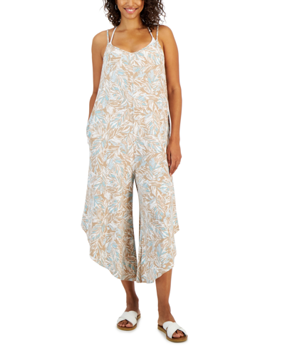 Shop J Valdi Women's Flowy Botanical-print Cover-up Jumper In Taupe,teal,white