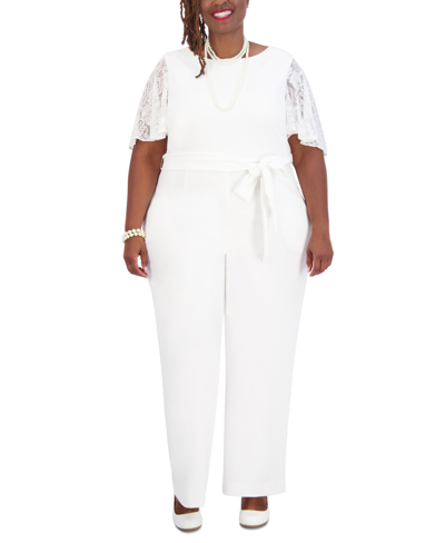 Shop Kasper Lace-sleeve Jumpsuit, Women's & Plus Size In White