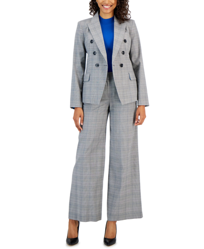 Shop Tahari Asl Women's Plaid Mid-rise Wide-leg Full-length Pants In Grey,blue