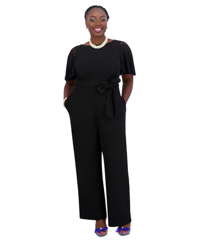 Shop Kasper Lace-sleeve Jumpsuit, Women's & Plus Size In Black