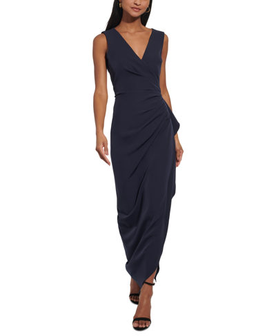 Shop Vince Camuto Women's Gathered Side-slit V-neck Gown In Navy