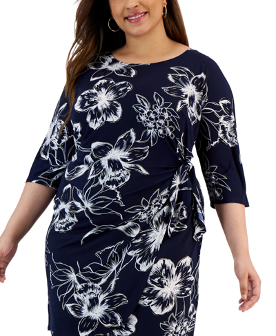 Shop Robbie Bee Plus Size Printed Side-knot Sheath Dress In Navy,white