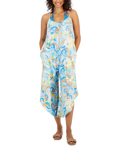 Shop J Valdi Women's Floral-print Flowy Cover-up Jumper In Blue Multi