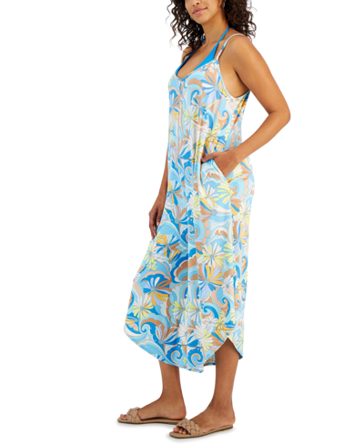 Shop J Valdi Women's Floral-print Flowy Cover-up Jumper In Blue Multi
