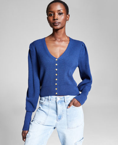 Shop And Now This Women's Puff-sleeve Ribbed Cardigan, Created For Macy's In Dark Blue