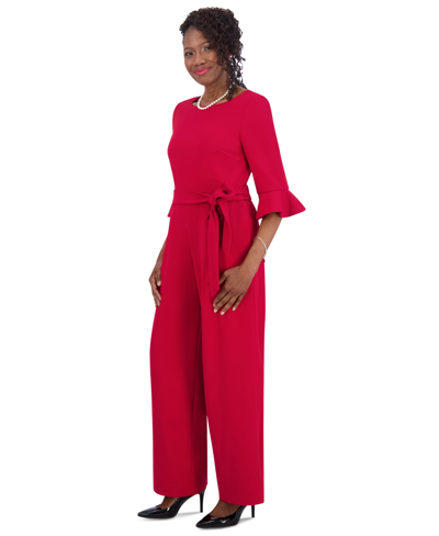 Shop Kasper Women's Boat-neck 3/4-ruffle-sleeve Jumpsuit In Crimson