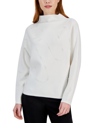 Shop T Tahari Women's Imitation-pearl Embellished Dolman-sleeve Sweater In White Star