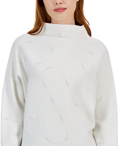 Shop T Tahari Women's Imitation-pearl Embellished Dolman-sleeve Sweater In White Star