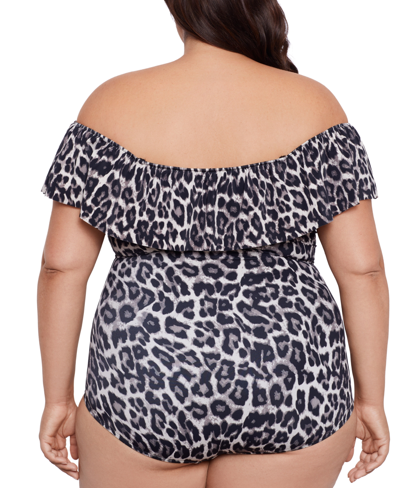 Shop Swim Solutions Plus Size Cheetah-print Off-the-shoulder One Piece Swimsuit, Created For Macy's In Leaping Leopards