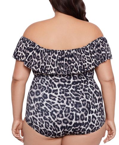 Swim Solutions Plus Size Cheetah-print Off-the-shoulder One Piece Swimsuit, Created For Macy's In Leaping Leopards