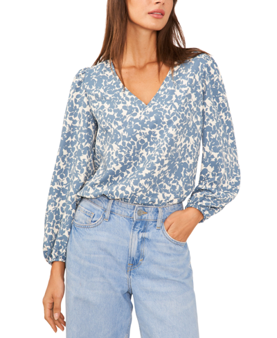 Shop 1.state Women's Printed Balloon-sleeve V-neck Blouse In Bluestone