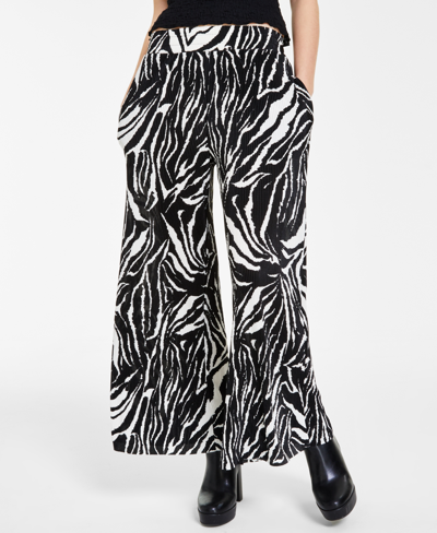 Shop Bar Iii Petite Printed High-rise Wide-leg Plisse Pants, Created For Macy's In Chelsea Zebra