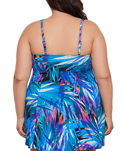 Shop Swim Solutions Plus Size Abstract-print Bow-front Swim Dress, Created For Macy's In Flirty Tropical Leaves
