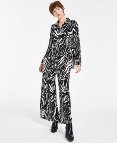 Shop Bar Iii Bariii Petite Printed Plisse Button Front Shirt Plisse Pants Created For Macys In Chelsea Zebra