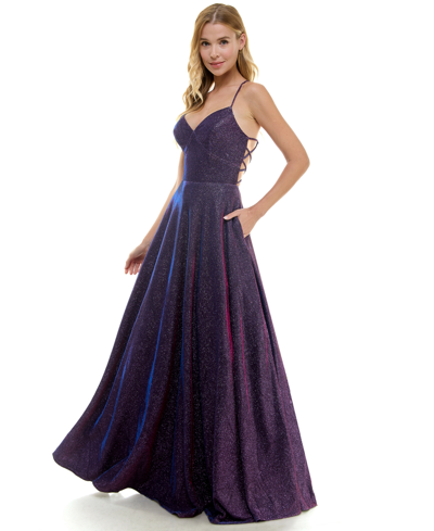 City Studios Juniors' Glitter-knit V-neck Ball Gown In Grape