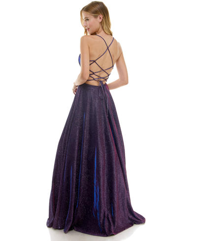 Shop City Studios Juniors' Glitter-knit V-neck Ball Gown In Grape