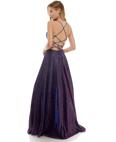 City Studios Juniors' Glitter-knit V-neck Ball Gown In Grape
