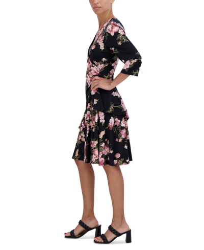 Shop Robbie Bee Petite Floral Ruffle-skirt 3/4-sleeve Dress In Black Multi