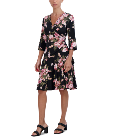 Shop Robbie Bee Petite Floral Ruffle-skirt 3/4-sleeve Dress In Black Multi
