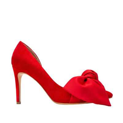 Shop Ginissima Samantha Red Suede And Oversized Red Satin Bow Open Sided Stiletto