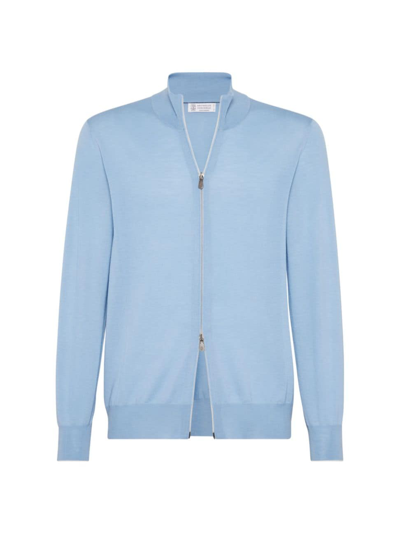 Shop Brunello Cucinelli Men's Virgin Wool And Cashmere Lightweight Cardigan In Sky Blue