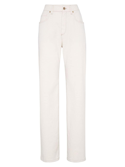 Shop Brunello Cucinelli Women's Garment Dyed Comfort Denim Loose Jeans With Shiny Tab In Ecru