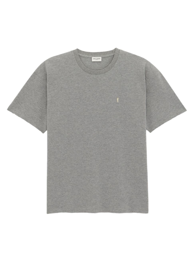 Saint Laurent Grey Crewneck T-shirt With Cassandre Embroidery In Cotton Man In Grey And Yellow