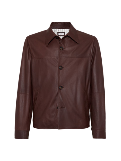 Shop Brunello Cucinelli Men's Nappa Leather Overshirt In Brown