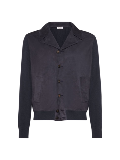 Shop Brunello Cucinelli Men's Suede And Cotton Knit Outerwear Jacket In Night