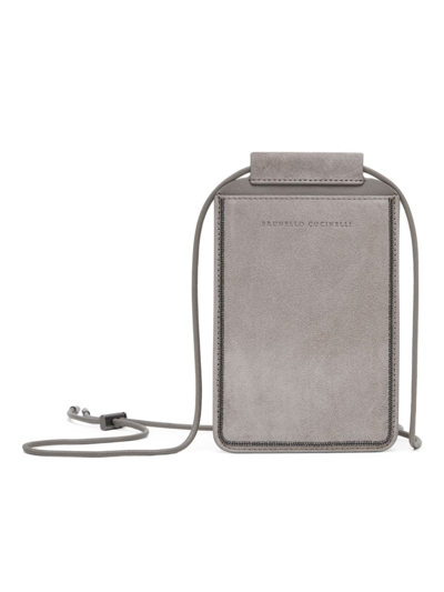 Shop Brunello Cucinelli Women's Suede Phone Bag With Shiny Trim In Stone Grey