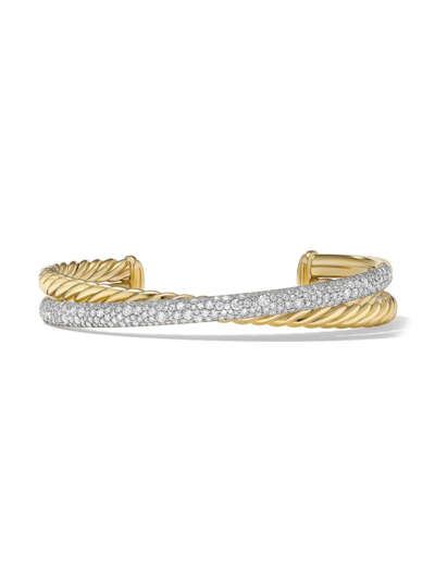 Shop David Yurman Women's Pavé Crossover Two Row Cuff Bracelet In 18k Yellow Gold In Diamond