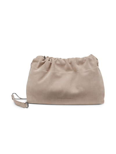 Shop Brunello Cucinelli Women's Suede Soft Bag With Precious Chain In Sand