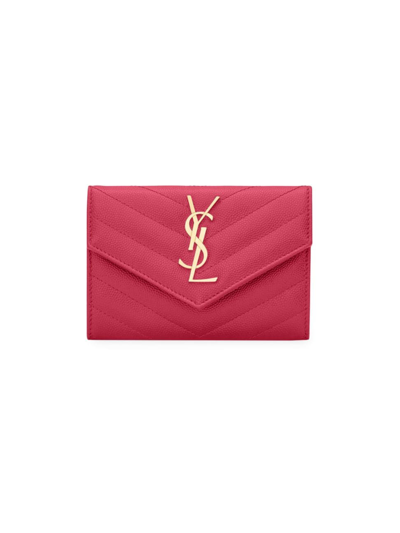 Shop Saint Laurent Women's Cassandre Matelass Small Envelope Wallet In Grain De Poudre Embossed Leather In Fuchsia