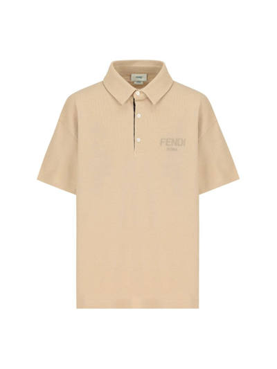 Shop Fendi Kids Logo Embroidered Polo Shirt In Beige