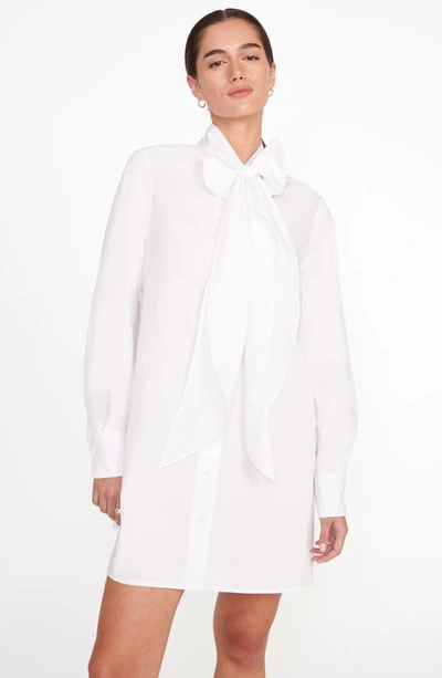 Shop Staud Maryn Tie Neck Long Sleeve Stretch Cotton Poplin Mini Shirtdress In White