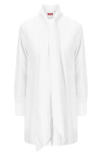 Shop Staud Maryn Tie Neck Long Sleeve Stretch Cotton Poplin Mini Shirtdress In White