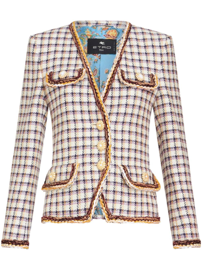 Shop Etro Multicolour Checked Tweed Blazer In White
