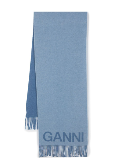 Shop Ganni Blue Logo-jacquard Wool Scarf