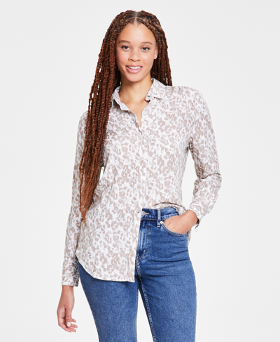 Shop Calvin Klein Jeans Est.1978 Women's Covert Long-sleeve Button-down Easy-fit Shirt In Covert Chalk