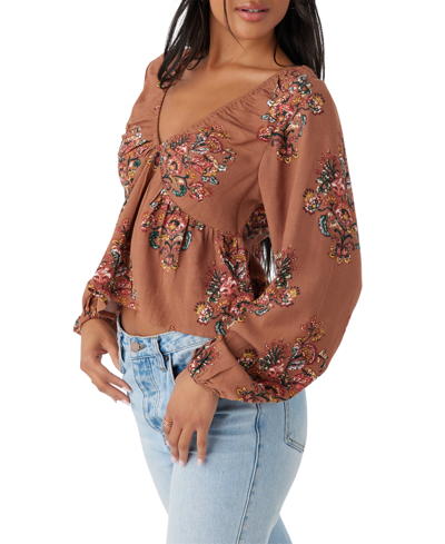 Shop O'neill Juniors' Martheya Floral V-neck Long-sleeve Top In Tobacco